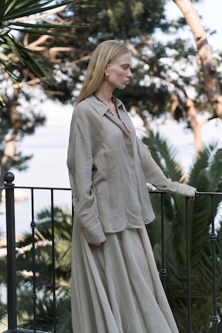 Calynn Sırt Dekolteli Çizgili Haki Keten Gömlek Haki