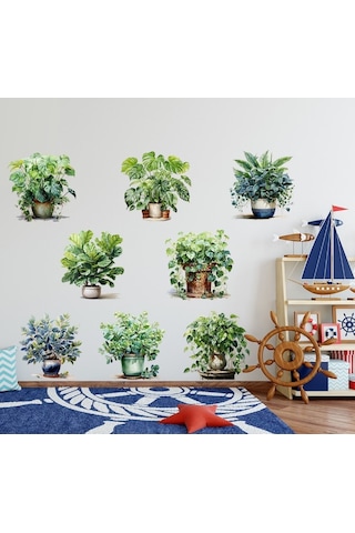 Saksılı Çiçek Tasarımlı 8li Sticker Şeffaf