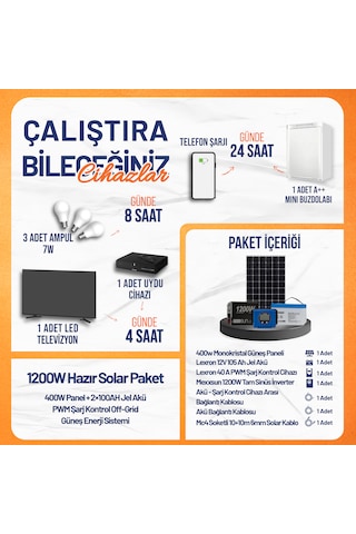 1200w Hazır Solar Paket 400w Panel + 2x100ah Jel Akü + Pwm Şarj Kontrollü Off-grid Güneş Enerji Sistemi