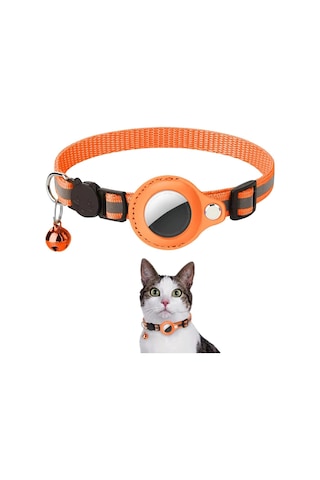 Etashop Airtag Uyumlu Reflektif Kedi Tasması Zilli Ayarlanabilir Kedi Boyun Tasması 22-32 Cm Turuncu