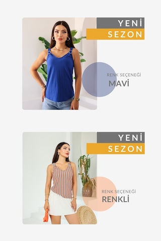 Kadın Mavi Askılı V Yaka Halka Detaylı Şık Bluz, Kadın Bluz Modeli Mavi