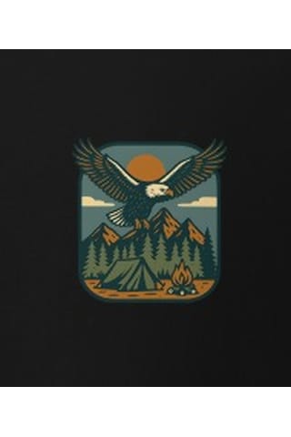Wildstyle Kartal Renkli Vintage Yaban Hayat Doğa Dağ Rozet Baskılı Unisex Bisiklet Yaka Pamuklu Tişört Siyah