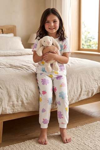 Zuzunga Pastel Renkli Çiçek Desenli Beyaz Kız Çocuk %100 Pamuk Pijama Takımı