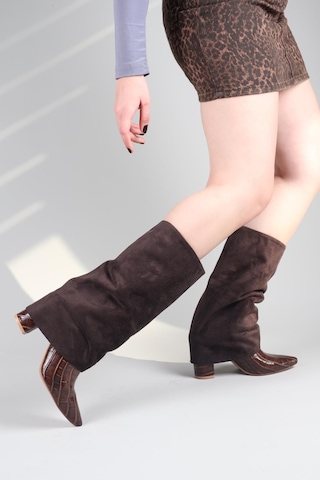 Selora Süet-kroko Garnili Topuklu Çizme Kahverengi-8554 Kahverengi