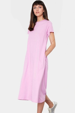 Ersefa Nefes Alan Pamuklu T Shirt Elbise Midi Boy Cep Detaylı Modern Sti Pembe