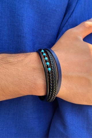 Taşlı Örgülü El İşçiliği İle Üretilmiş Hakiki Deri Erkek Bileklik Mavi - Siyah