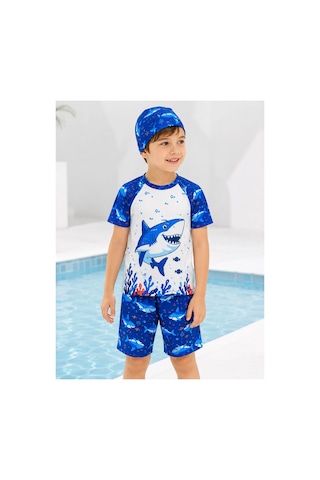 Rony Pony Kids Erkek Çocuk Mavi Köpekbalığı Baskılı 3 Lü Mayo Seti Kısa Kollu Üst Şort Bone Beyaz Mavi