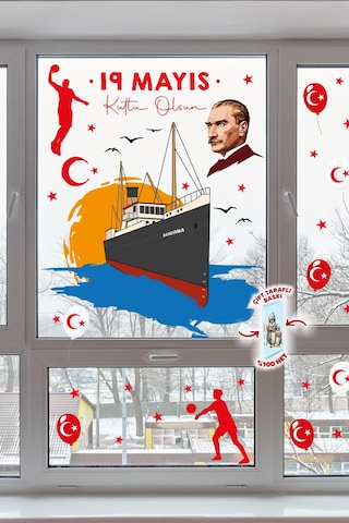 19 Mayıs Bayramı Atatürk Ve Gençlik Tema Cam Pano Duvar Sticker Seti 72 Parça Dev İki Taraflı Baskı Dijital Baskı