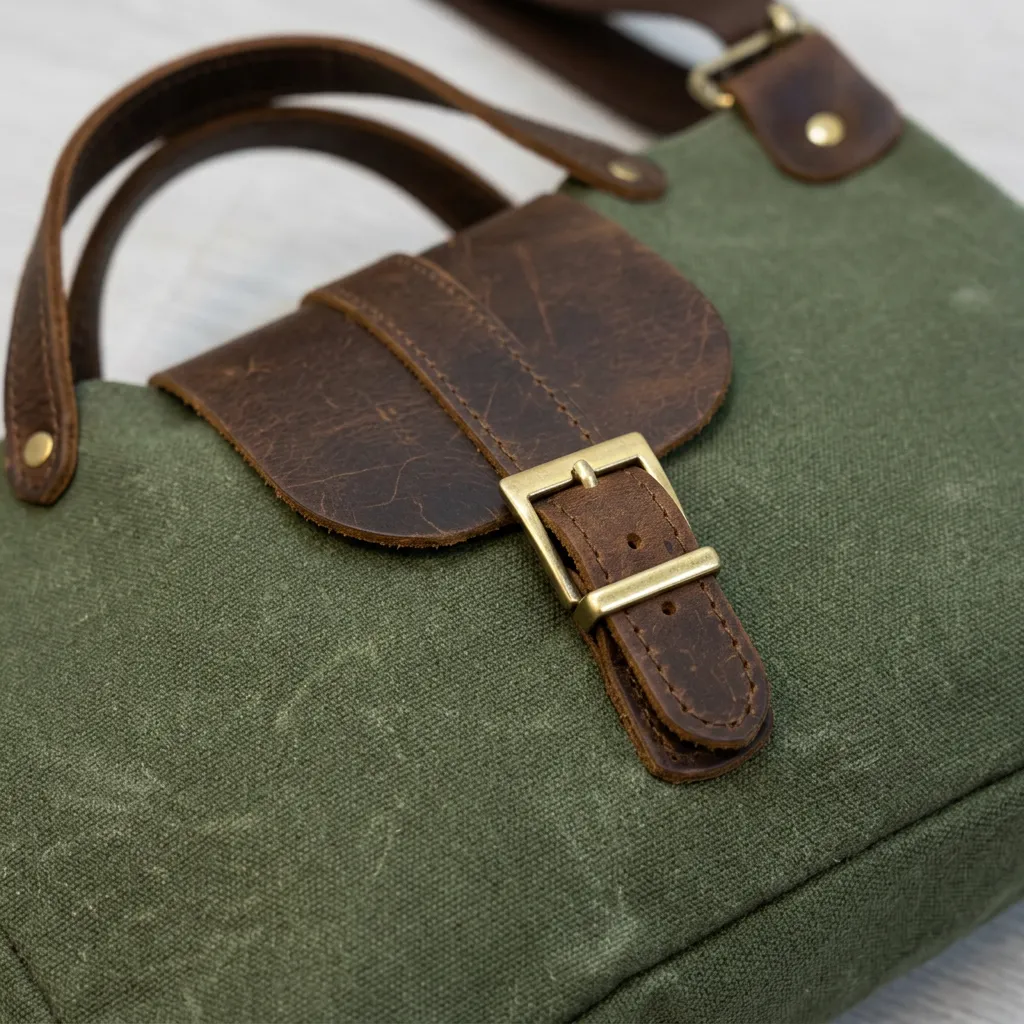 Natderi Kadın Hakiki Deri Su Geçirmez Kanvas Vintage Retro Çapraz Askılı Omuz Çantası 23 X 31 Cm haki