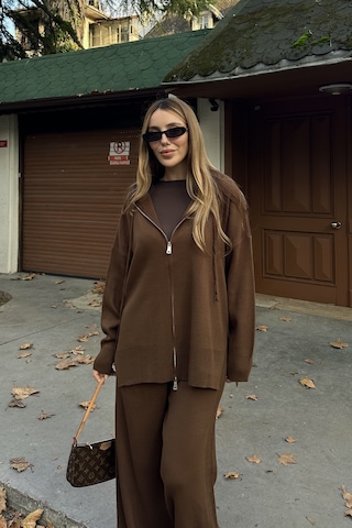 Kahverengi Fermuarlı Kapüşonlu Triko Takım - 0511 Vizon