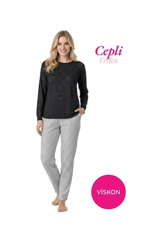 Kadın Viskon Mevsimlik Uzun Kol Cepli Pijama Takımı-üstü İnce Triko Alt Pijama Dar Kesim Jakar Kumaş Siyah