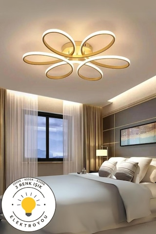 Levent Eskitme 60 Cm Plafonyer Kumandalı Ultra Süper 3 Renk Işık Ledli Salon Mutfak Ledli Avize Altın
