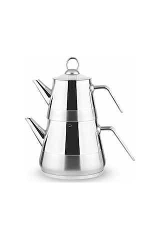 Piramit Paslanmaz Çelik Çaydanlık Takımı Aile Boy Metal Kulp 3059 Gümüş Kulp