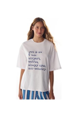 Penti Beyaz Vacation Slogan Desenli Kısa Kollu Tişört Pijama Üstü Optik Beyaz