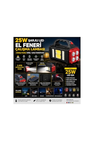 25w Şarjlı Led El Feneri Çalışma Lambası Güneş Paneli Girişli Usb Şarjlı Çok Fonksiyonlu Çok Renkli - 900266285 Çok Renkli