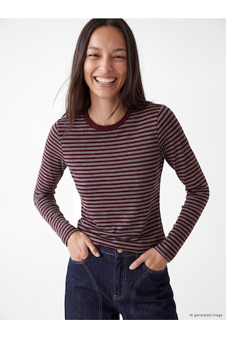 Lcw Everyday Bordo Bisiklet Yaka Çizgili Kadın Body