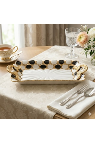 Sembol Porselen Lüks Dikdörtgen Sunum Tepsisi 30x19 Cm