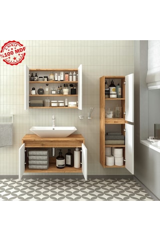 Banos Roomart Lavabolu Ahşap-Mat Beyaz Mdf 85 Cm Banyo Dolabı+A.. Beyaz