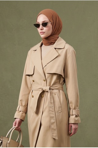 Armine Trend Klasik Yaka Yandan Cepli Çift Düğmeli Trençkot 130 Cm Boy Trenckot Koyu Bej 26kt727