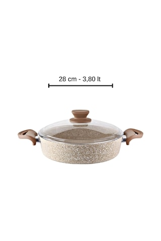 Diez 28 Cm Granit Basık Tencere Cappucıno Yapışmaz Karnıyarık & Pilav Tenceresi Cam Kapaklı