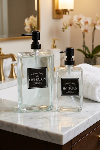 Makri Home 350 Ml+500 Ml İkili Modern Ve Şık Tasarım Cam Sıvı Sabunluk Seti Beyaz