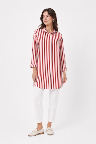 Neden Tekstil Uzun Kollu Kırmızı Beyaz Çizgili Kadın Overshirt Gömlek