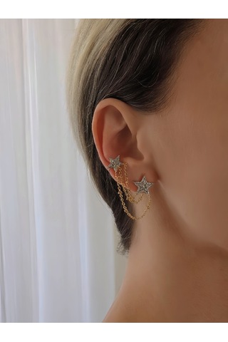 Yıldız Model Zirkon Taşlı Ear Cuff Kıkırdak Küpesi Gold