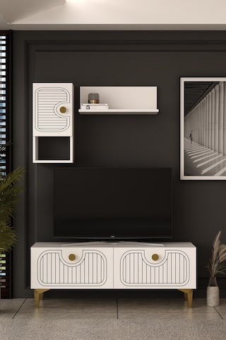 120dhdtdr3ba Hera Lazer Desenli Raflı Tv Sehpası, Ünitesi Beyaz-altın