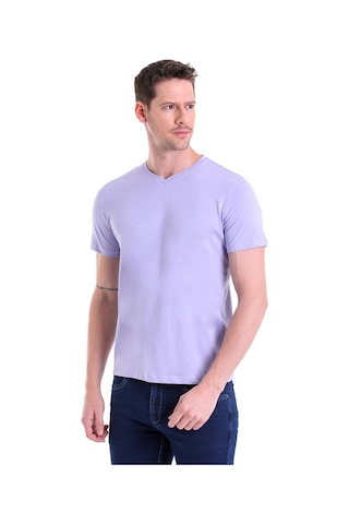 Hatemoğlu Lila Düz Slim Fit 100% Pamuk V Yaka Tişört Lila
