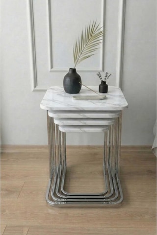 Renlife Zigon Sehpa Takımı 4'lü Metal Tekerlekli Mdf Modern Salon Oturma Odası Sehpası Krom Beyazmermer Krom Beyaz Mermer