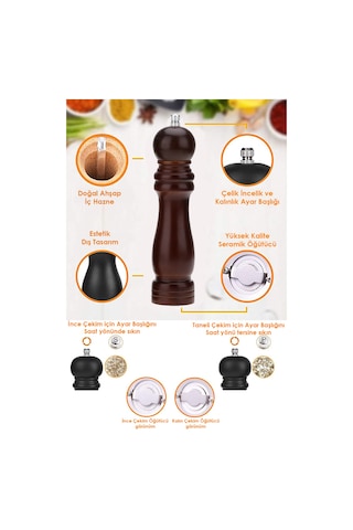 Technojet 2li Karabiber Tuz Kahve Baharat Öğütücü Ahşap Manuel El Değirmeni Tuzluk 2 Adet Kahverengi