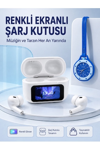 Dokunmatik Kablosuz Kulaklık + Mavi Askılı Analog Charm Saat İkili Set Altın