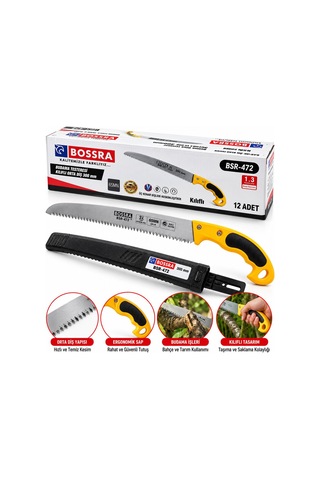 Bossra Bsr-472 Kılıflı Budama Testeresi 300 Mm Orta Diş Plastik Saplı- 12'li Paket