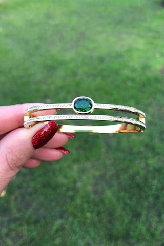 Zirkon Taş Sıralı Ve Yeşil Taş Detaylı Gold Renk Kelepçe - Çelik Yeşil