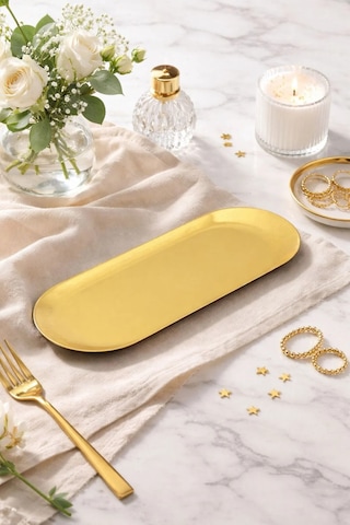 2 Kişilik Lüks Gold Metal Sunumluk Tepsi Oval Sunum Servis Tepsisi 23cm Altın - Gold