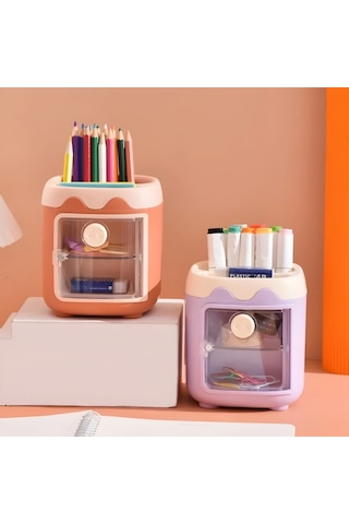 Sevimli Masaüstü Kalemlik Kawaii Kapaklı Mini Dolaplı Kalemlik - Turuncu Turuncu