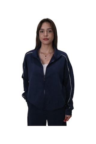 Kadın Modal Kumaş Kontrast Detaylı Rahat Kalıp Lacivert Ceket Hırka Lacivert