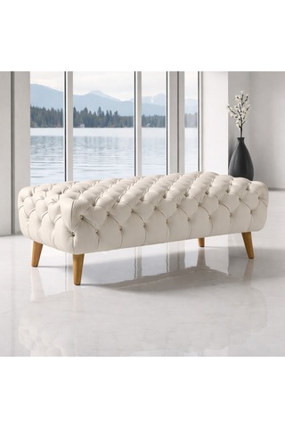 Smarto Relax Swiss Style Puf Adelboden Kapitone Puf,baby Face Polyester Kaplama,ahşap Ayaklı 100 X 50 X45 Cm Kapitone Puf,ayaklı Bej