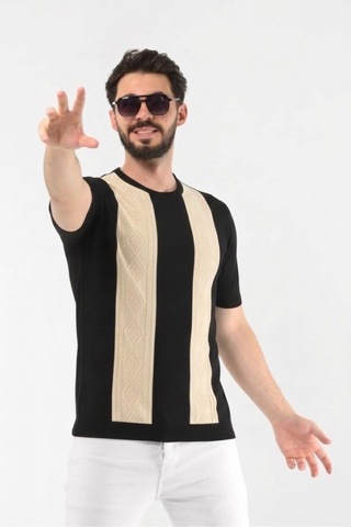 Jakarlı Pamuklu Desenli Triko Tshirt Siyah