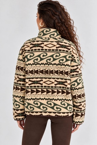 Mevese Esenli Dik Yaka Cepli Biyeli Kadın Polar Sweatshirt - Krem-yeşil