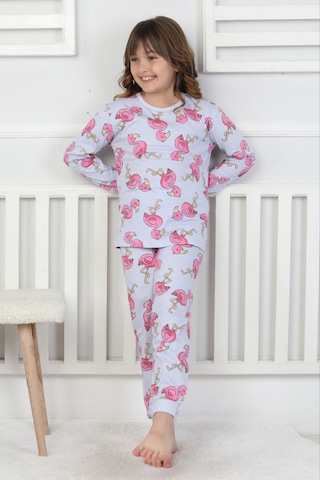 Fidekids Kız Çocuk Flamingo Desen %100pamuklu Pijama Takımı Açık Mavi - Pembe