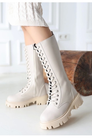 Uliza Bej Cilt Bağcıklı Kadın Çizme Bej