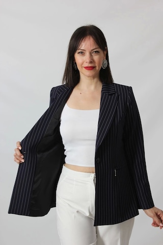 Moda Berray 1906 Lacivert Çizgili Fermuarlı Cep Aksesuarlı Kadın Büyük Beden Blazer Ceket Lacivert