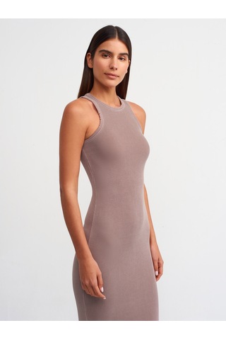 Dilvin Yıkama Efektli Midi Elbise Kahve Kahverengi