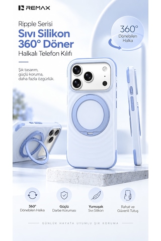 Remax Ripple Series İphone 17 Pro Uyumlu Likit Silikon Kılıf - 360 Döner Standlı Rmc-5 - Mavi