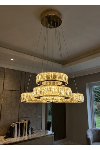 Gold Kristal Taşlı 4'lü Halka Led Avize - Ayarlanabilir Yükseklik Modern Sarkıt Avize Altın - Gold