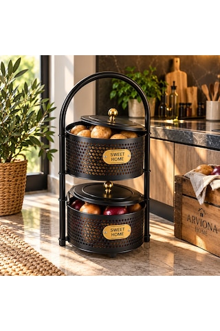 Arvıona Home 2 Katlı Kapaklı Metal Sebzelik Patates Soğan Saklama Sepeti Siyah Gold