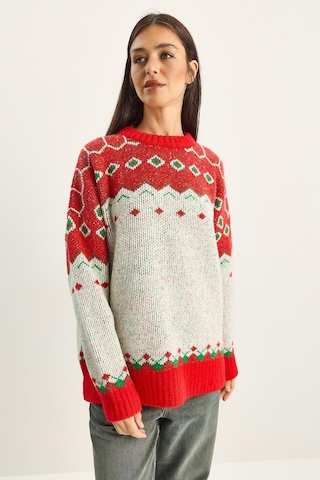 Shade Kadın Desenli Oversize Triko Kazak Tk251157 60283805 - Kırmızı-ekru Çok renkli