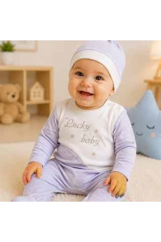 Candar Lucky Baby Nakışlı Çizgili Erkek Bebek Tulumu Ve Şapka 0-3 / 3-6 Ay Kahvemelanj