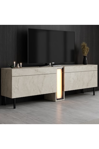Nova Siyah Demir Ayaklı Rgb Led Işık Sistemli Traverten Tv Ünitesi Tv Sehpası Traverten - Siyah